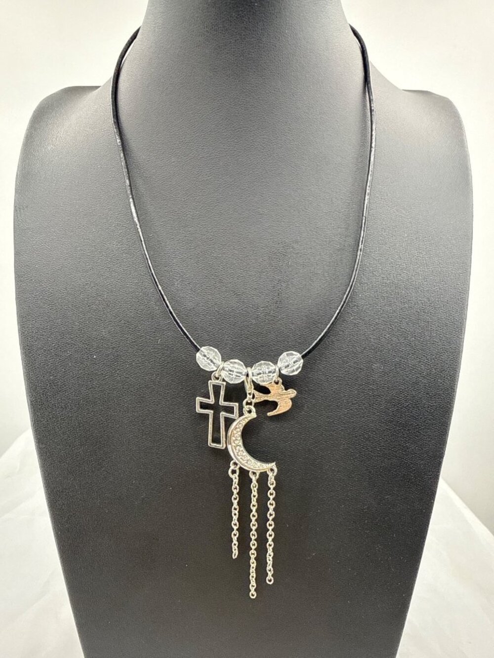 Y2K Grunge Celestial Mixed Charm Necklace Whimsigoth Cross Moon Cord Choker